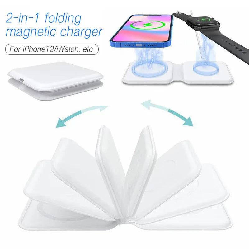 White foldable dual magnetic wireless charging dock showing 15W QI fast charging for two phones.