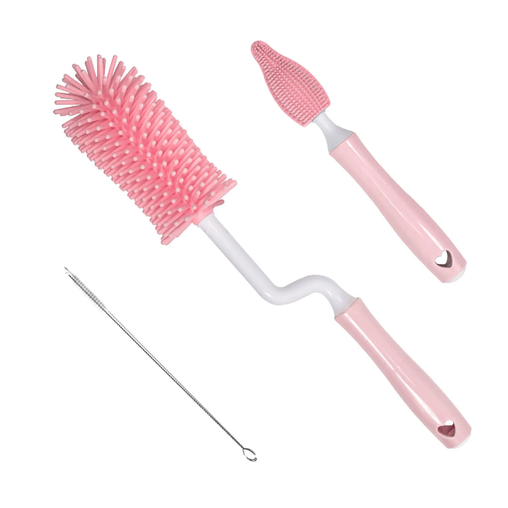 Baby silicone bottle brush set in pink, blue, and yellow for cleaning straws and nipples