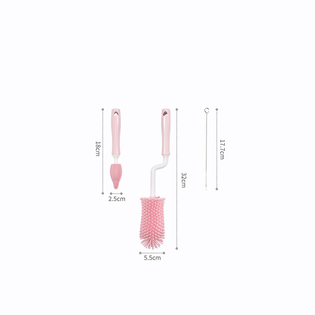 Baby silicone bottle brush set in pink, blue, and yellow for cleaning straws and nipples
