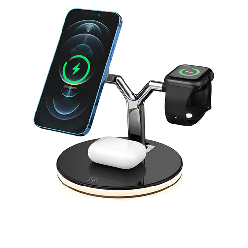 Black circular wireless charging station with magnetic surface for phone and accessories