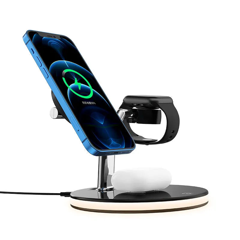 Black circular wireless charging station with magnetic surface for phone and accessories