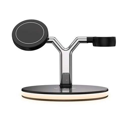 Black circular wireless charging station with magnetic surface for phone and accessories