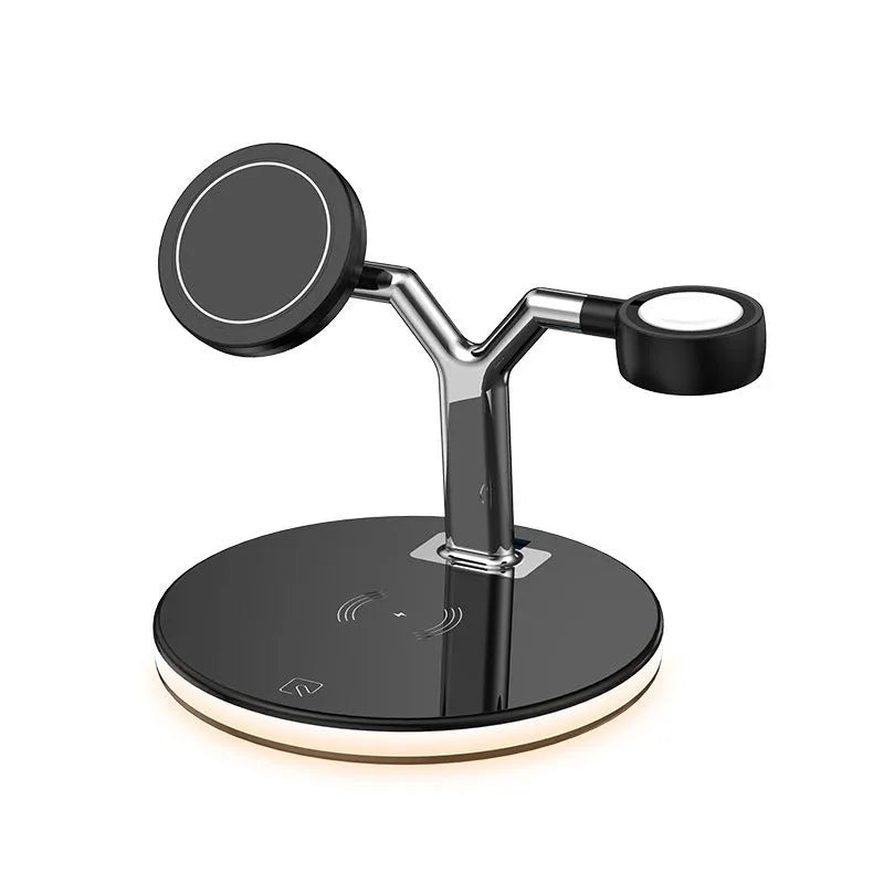 Black circular wireless charging station with magnetic surface for phone and accessories