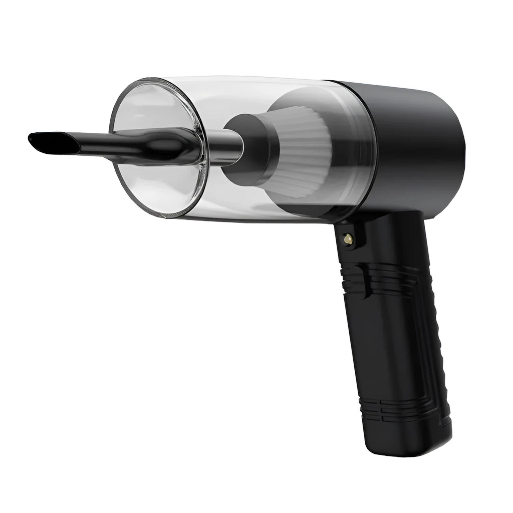 Starry sky black car vacuum cleaner with motor unit, long cord, and set of suction head accessories.