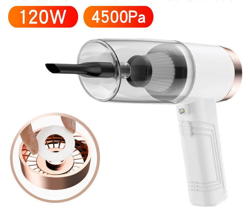 Starry sky black car vacuum cleaner with motor unit, long cord, and set of suction head accessories.