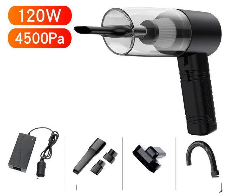 Starry sky black car vacuum cleaner with motor unit, long cord, and set of suction head accessories.