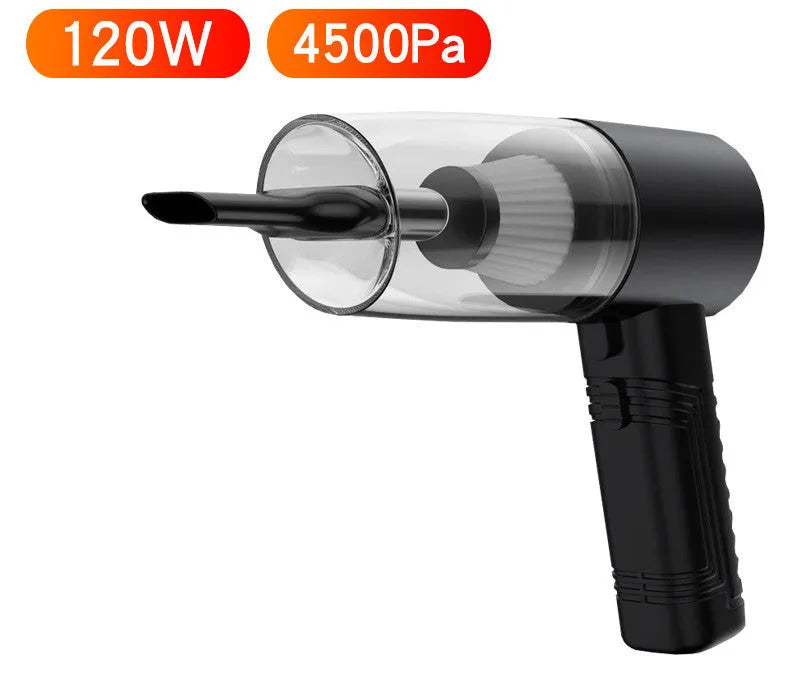 Starry sky black car vacuum cleaner with motor unit, long cord, and set of suction head accessories.