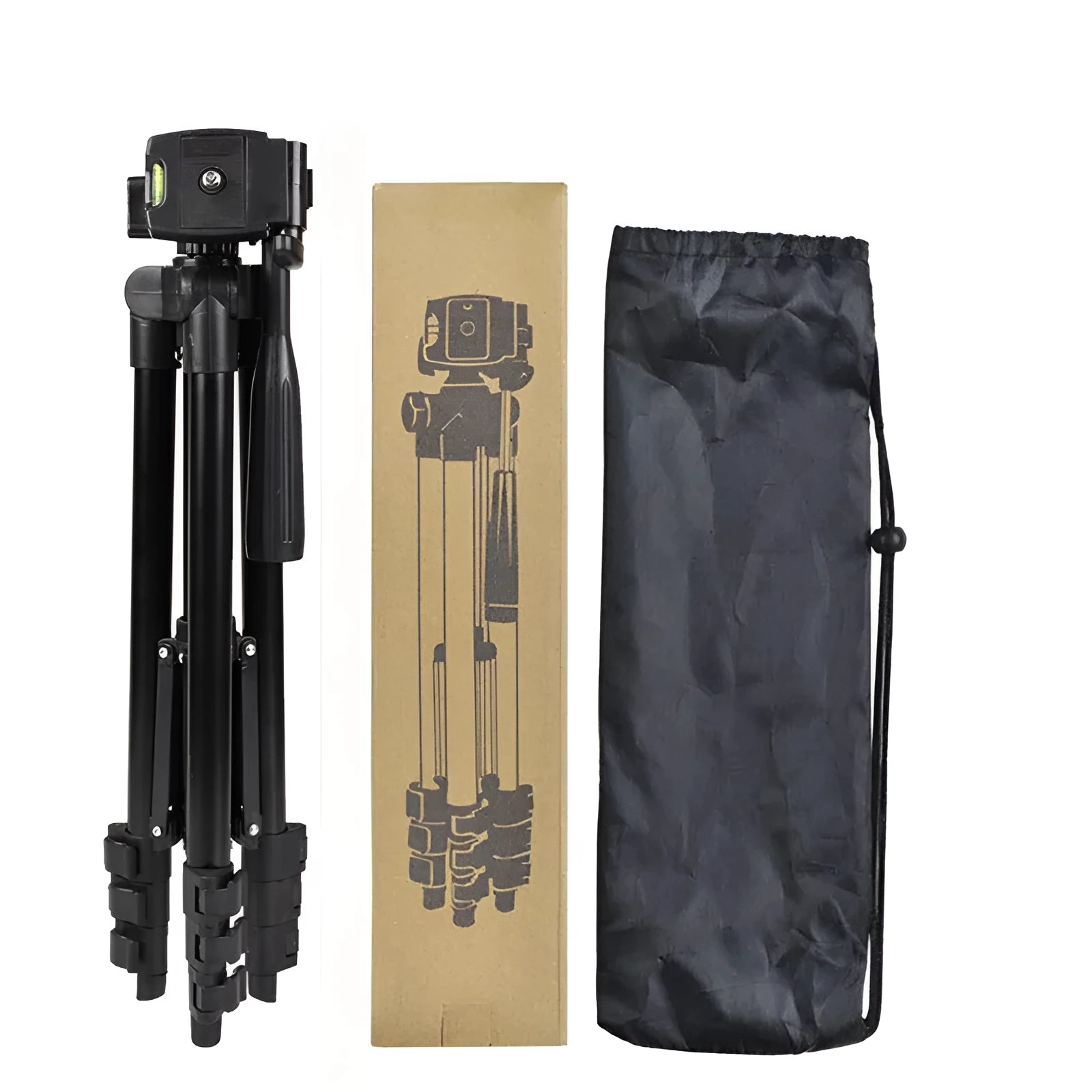 Black aluminium portable tripod with 4-section legs extended, showing 3D head and quick-release plate.