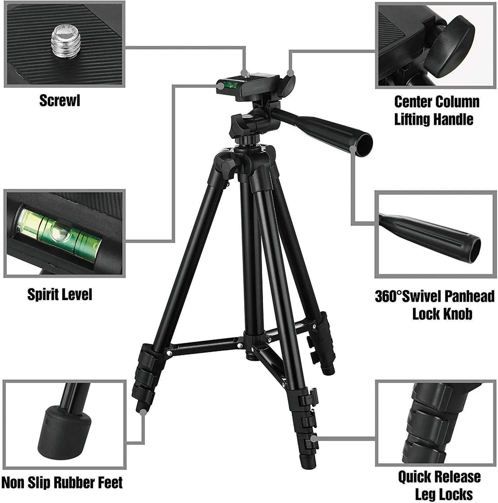 Black aluminium portable tripod with 4-section legs extended, showing 3D head and quick-release plate.