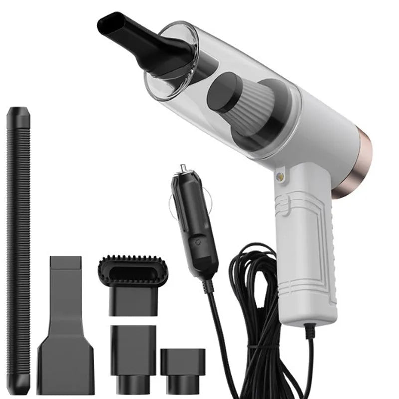 Starry sky black car vacuum cleaner with motor unit, long cord, and set of suction head accessories.