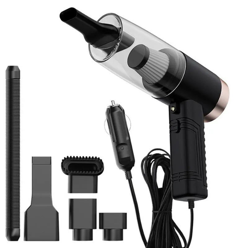 Starry sky black car vacuum cleaner with motor unit, long cord, and set of suction head accessories.