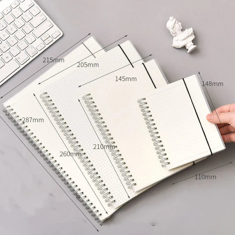 B5 coil grid notebook with Pp cover, open showing lined pages on a desk