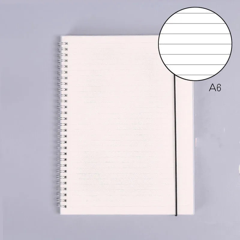 B5 coil grid notebook with Pp cover, open showing lined pages on a desk