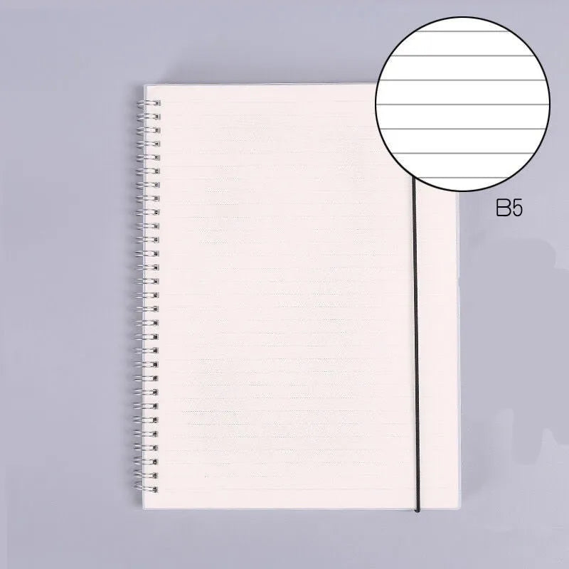 B5 coil grid notebook with Pp cover, open showing lined pages on a desk