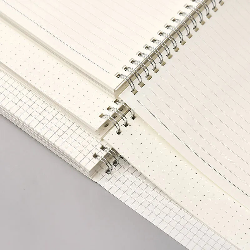 B5 coil grid notebook with Pp cover, open showing lined pages on a desk