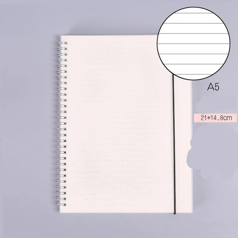 B5 coil grid notebook with Pp cover, open showing lined pages on a desk