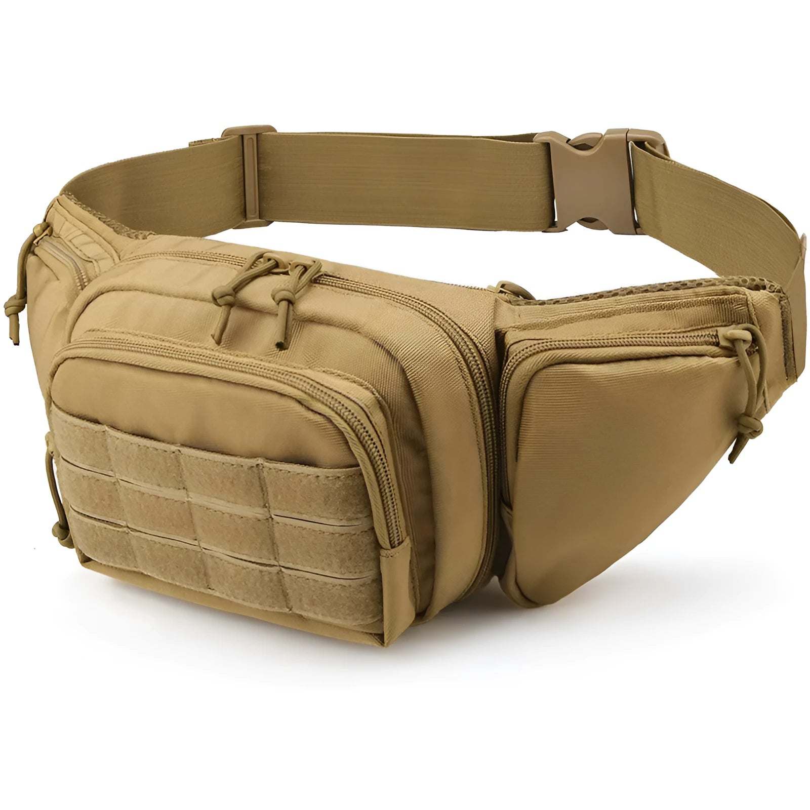 Men's black tactical waist bag worn on the hip, showing main compartment and buckle.