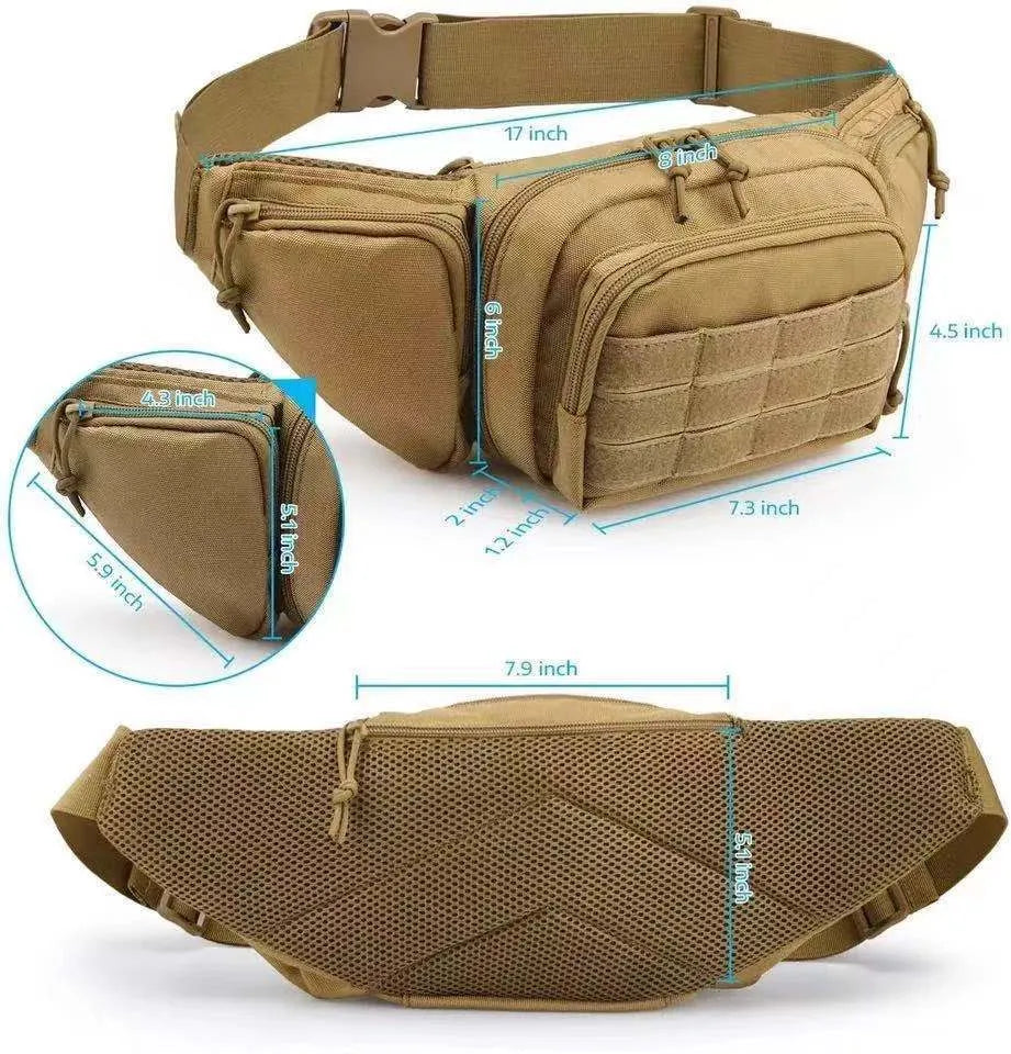 Men's black tactical waist bag worn on the hip, showing main compartment and buckle.