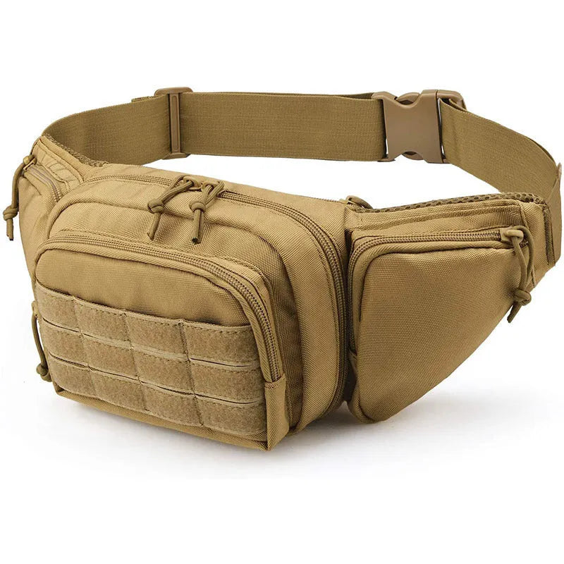 Men's black tactical waist bag worn on the hip, showing main compartment and buckle.