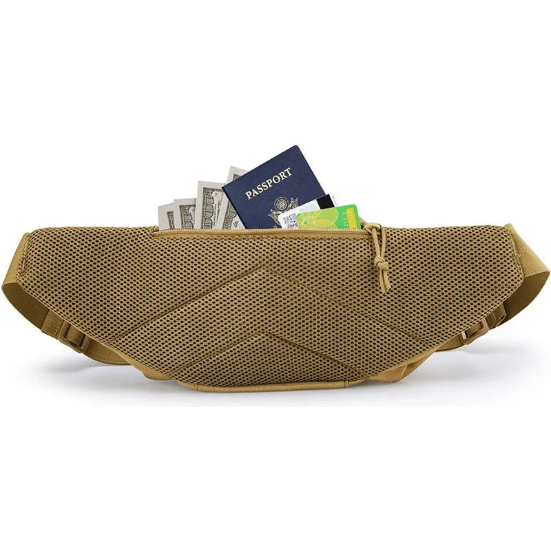 Men's black tactical waist bag worn on the hip, showing main compartment and buckle.
