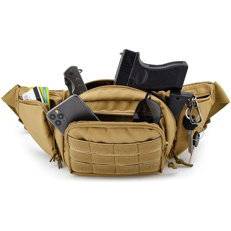 Men's black tactical waist bag worn on the hip, showing main compartment and buckle.