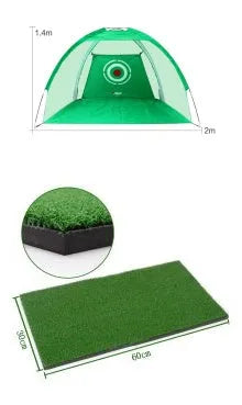 Golf practice net tent 2m fibreglass cage black and green front view with target sheet and ball collection floor