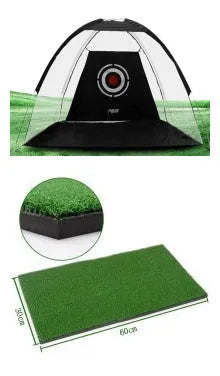 Golf practice net tent 2m fibreglass cage black and green front view with target sheet and ball collection floor