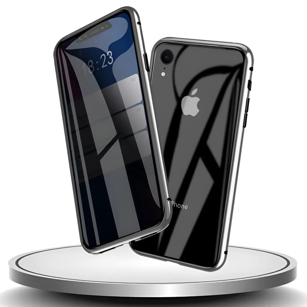 Glass clamshell anti-spy phone case for iPhone in geometric design, shown in black, silver, red, gold, green, and blue colours.