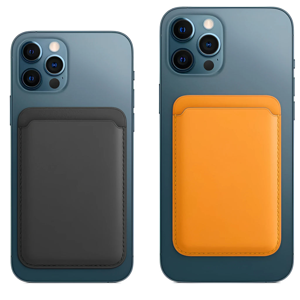 Magnetic PU leather card holder case for iPhone in various colours on a table.