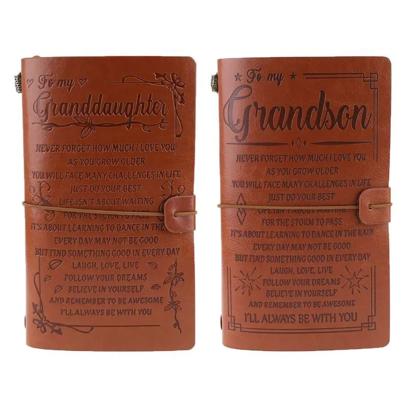 Leather business notebook hand ledger with strap binding showing 105mm x 190mm dimensions and brown acid-free paper