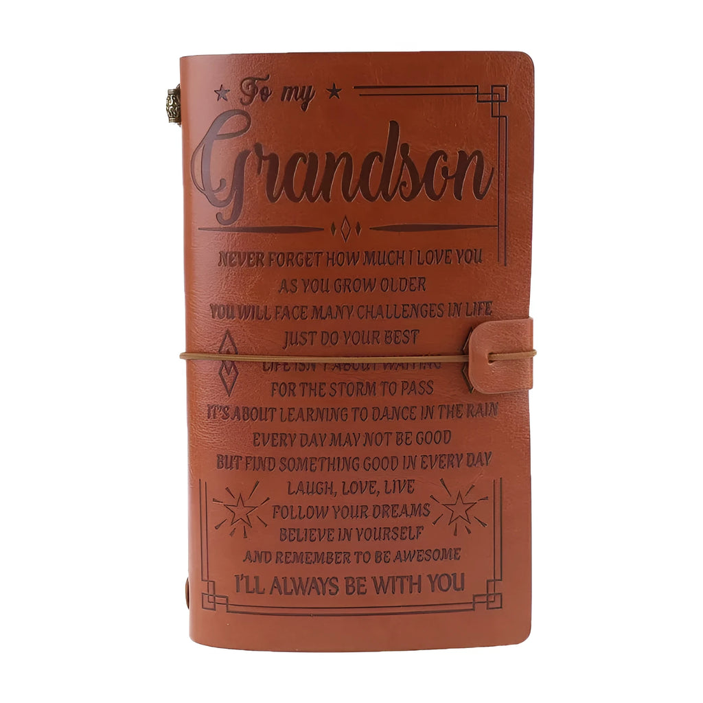 Leather business notebook hand ledger with strap binding showing 105mm x 190mm dimensions and brown acid-free paper