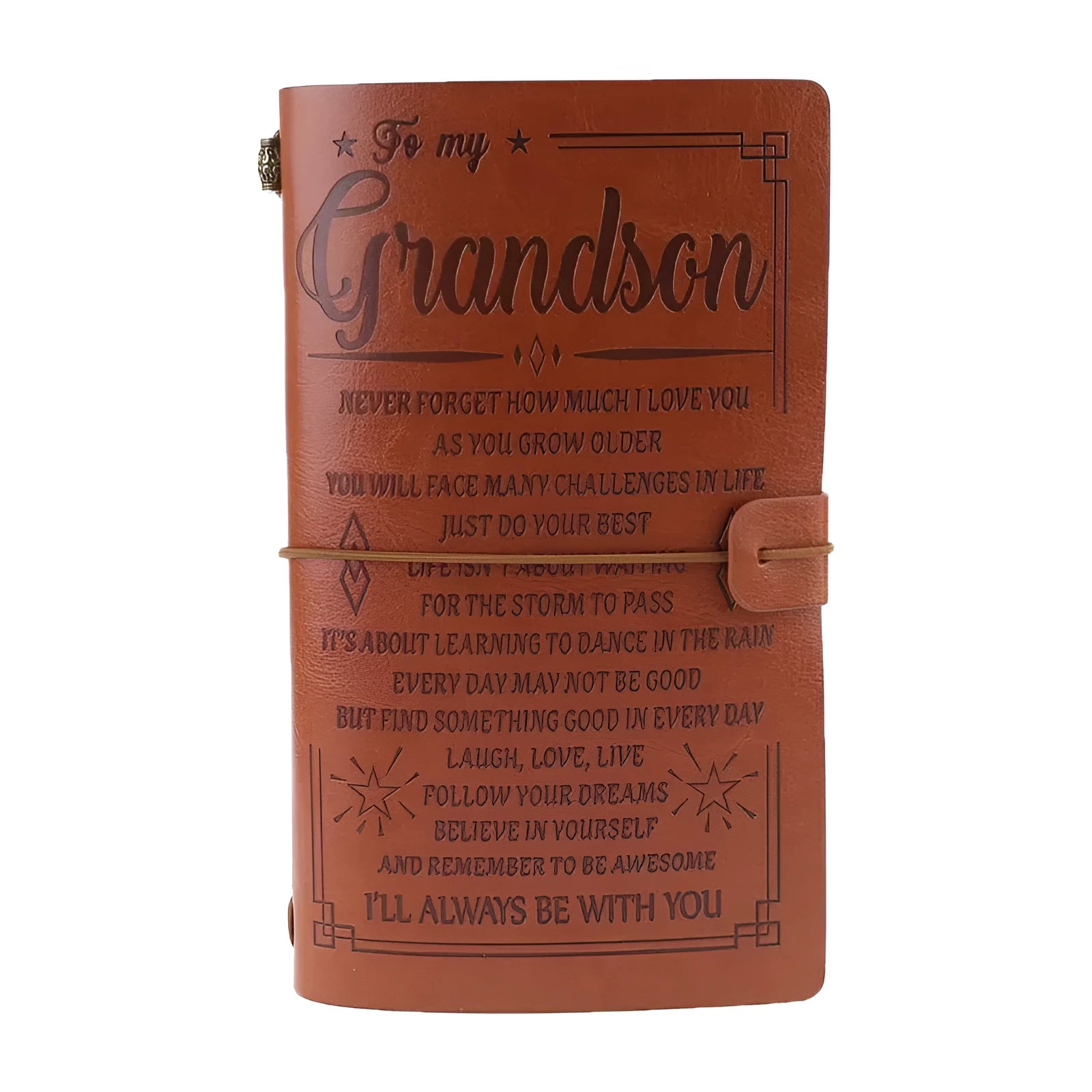 Leather business notebook hand ledger with strap binding showing 105mm x 190mm dimensions and brown acid-free paper