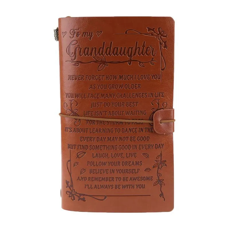 Leather business notebook hand ledger with strap binding showing 105mm x 190mm dimensions and brown acid-free paper