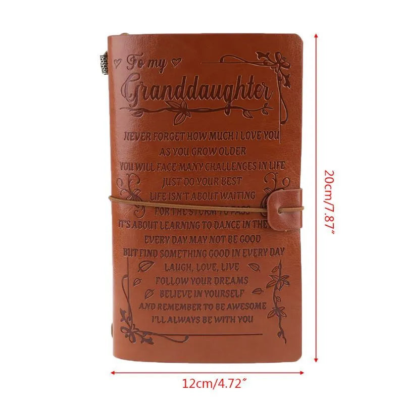 Leather business notebook hand ledger with strap binding showing 105mm x 190mm dimensions and brown acid-free paper