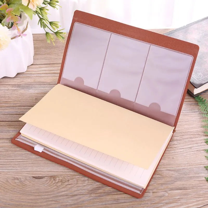 Leather business notebook hand ledger with strap binding showing 105mm x 190mm dimensions and brown acid-free paper