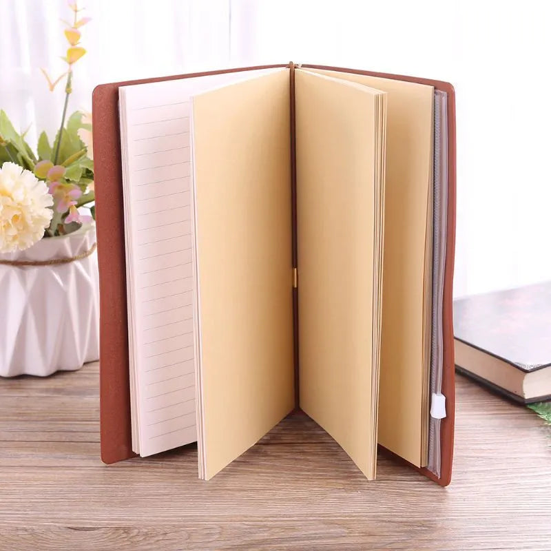 Leather business notebook hand ledger with strap binding showing 105mm x 190mm dimensions and brown acid-free paper