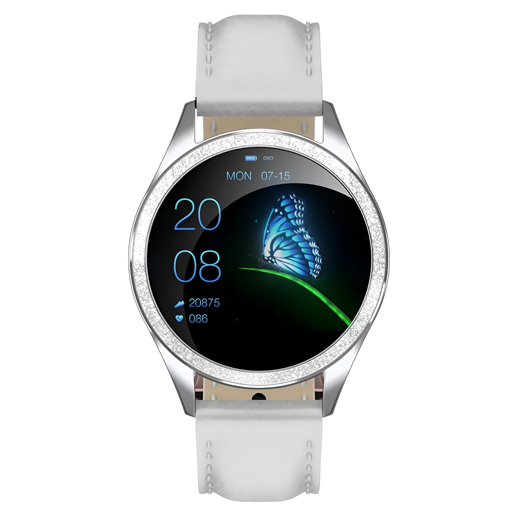 Women's silver smart bracelet watch with touch screen display on a stainless steel wristband.