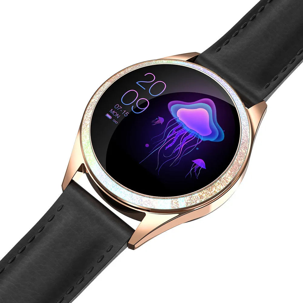 Women's silver smart bracelet watch with touch screen display on a stainless steel wristband.