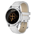 Women's silver smart bracelet watch with touch screen display on a stainless steel wristband.