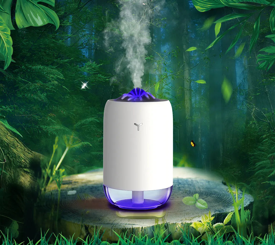 Magic Flame ultrasonic humidifier mini aroma diffuser in white, columnar shape, with USB cable, for home desk or car use