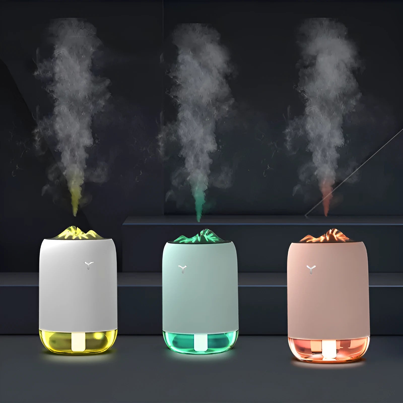 Magic Flame ultrasonic humidifier mini aroma diffuser in white, columnar shape, with USB cable, for home desk or car use