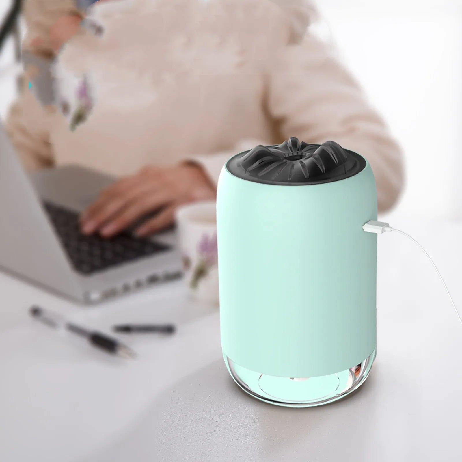 Magic Flame ultrasonic humidifier mini aroma diffuser in white, columnar shape, with USB cable, for home desk or car use