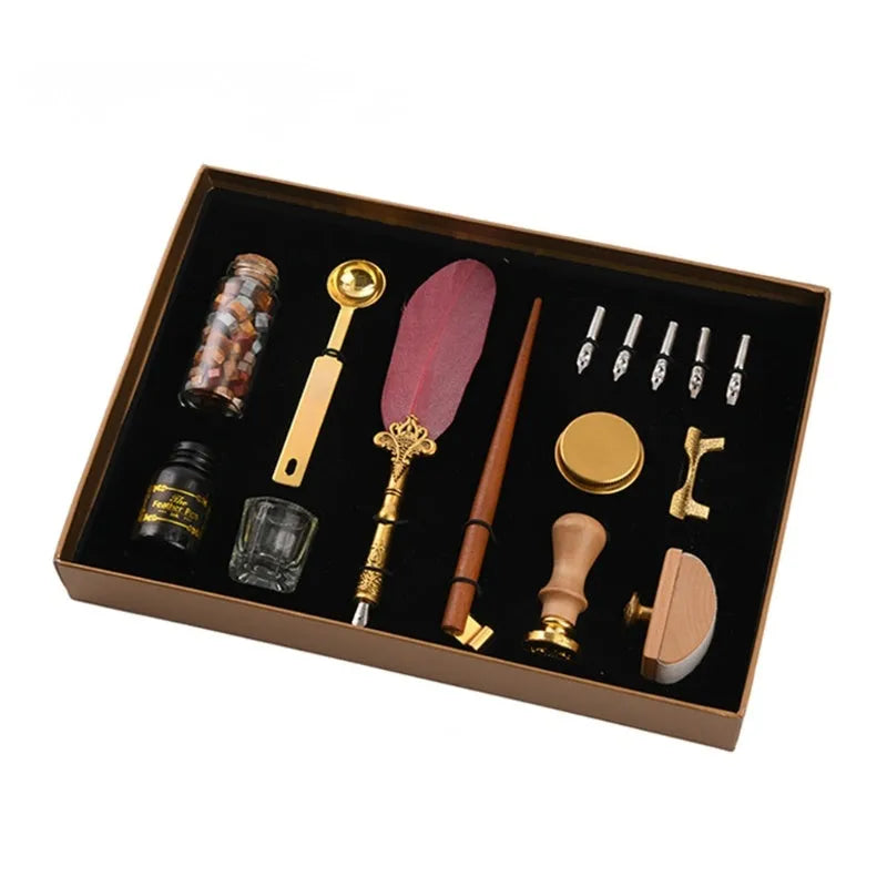 Creative dipped feather pen set with wax seal, stainless steel nib, and gift box packaging in blue colour