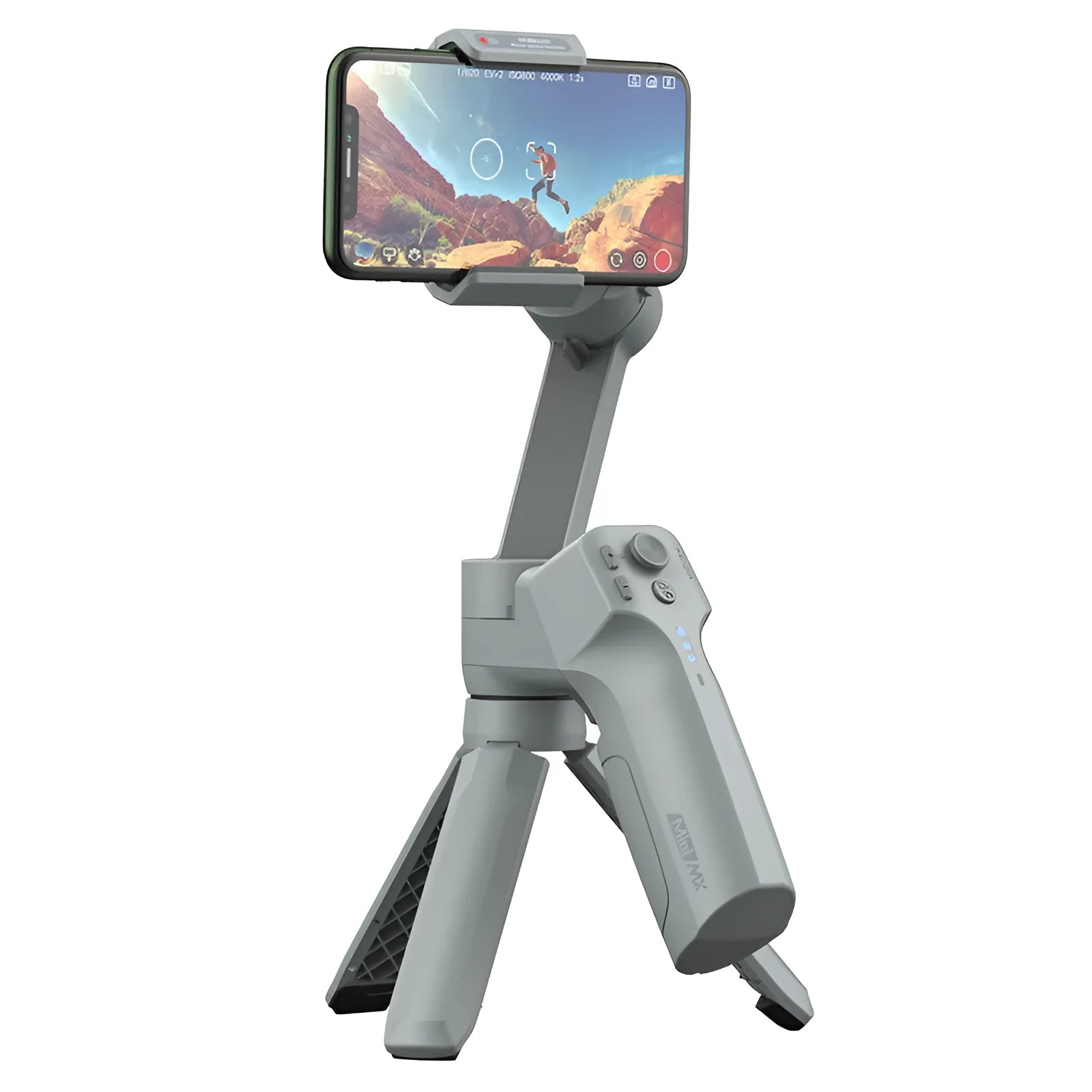 Magic Claw Mini MX grey folding mobile phone stabiliser with expanded dimensions and 60-88mm phone mount