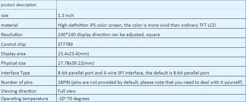 1.3 inch square 240x240 IPS LCD display module with ST7789 driver chip and pin connectors.