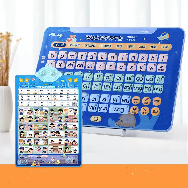 Children's educational audio wall chart for learning Chinese characters and spelling, with tablet and card set.