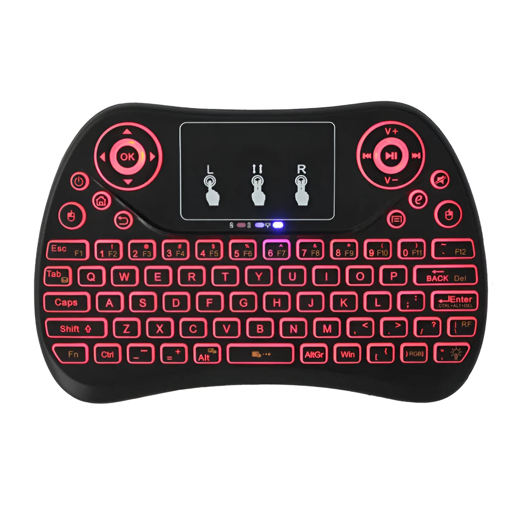Mini wireless keyboard with multi-colour backlit keys on English layout.