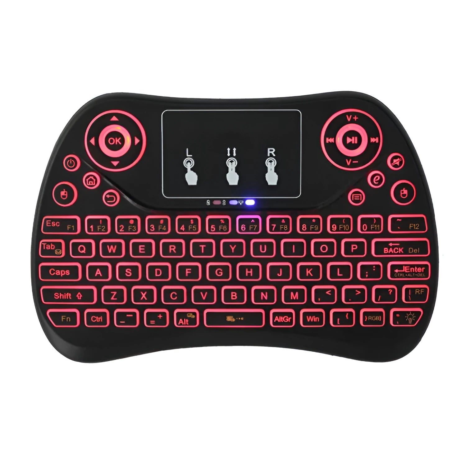 Mini wireless keyboard with multi-colour backlit keys on English layout.