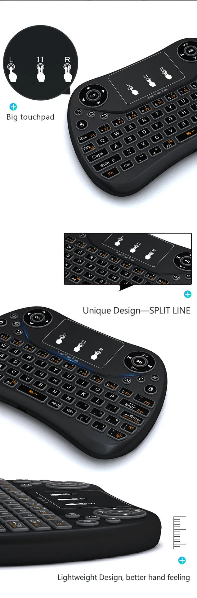 Mini wireless keyboard with multi-colour backlit keys on English layout.