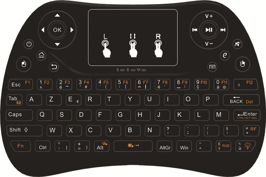 Mini wireless keyboard with multi-colour backlit keys on English layout.